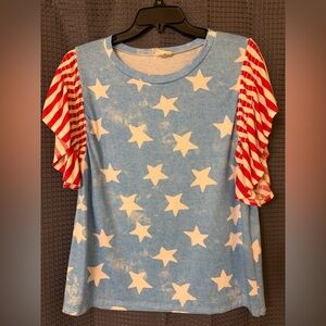 White and Blue Stars Pattern Womens Shirt with Red Striped Sleeves-Large